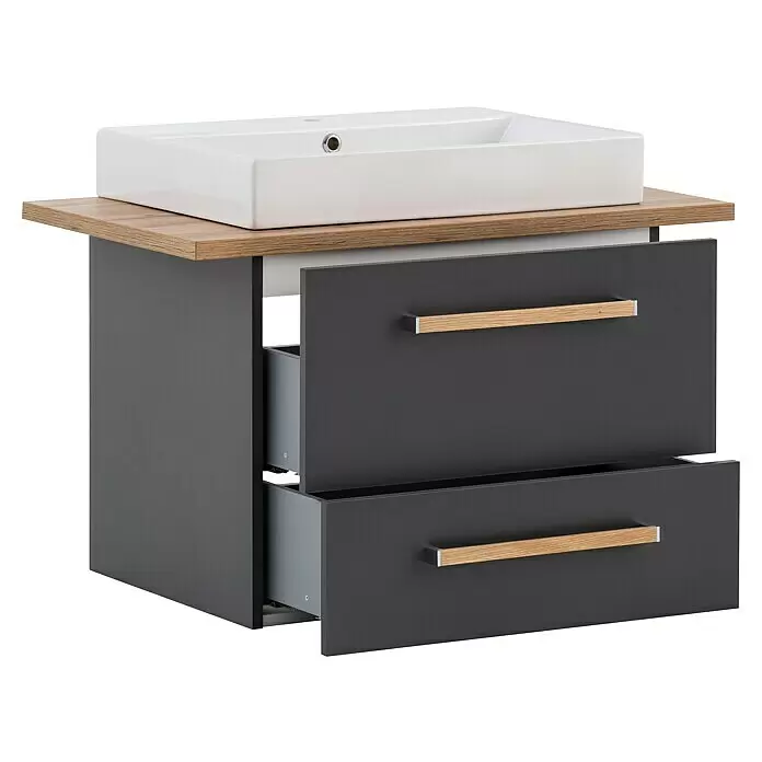 Schildmeyer Duo Badmöbel-Set - Gesamtbreite Badmöbel: 82,2 cm, Anthrazit/Eiche, Matt - Moderner Badunterschrank mit weißem Waschbecken, Holzplatte und zwei teils geöffneten anthrazitfarbenen Schubladen mit Holzgriffen.