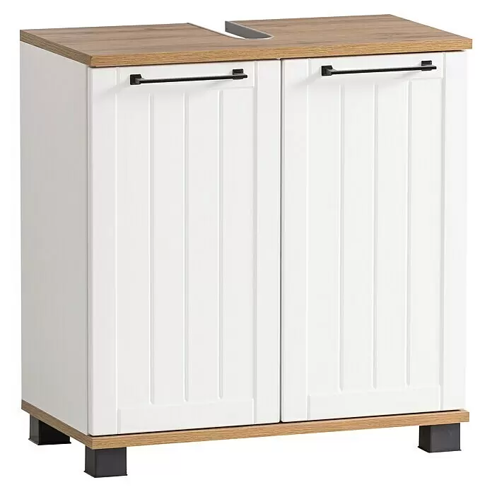 Schildmeyer Jelda Waschtischunterschrank - 59,8 x 32,6 x 62,4 cm, Weiß/Eiche - Weißer Badunterschrank mit Holzplatte, zwei Türen, schwarzen Griffen und Füßen. Mit Ausschnitt für ein Waschbecken.