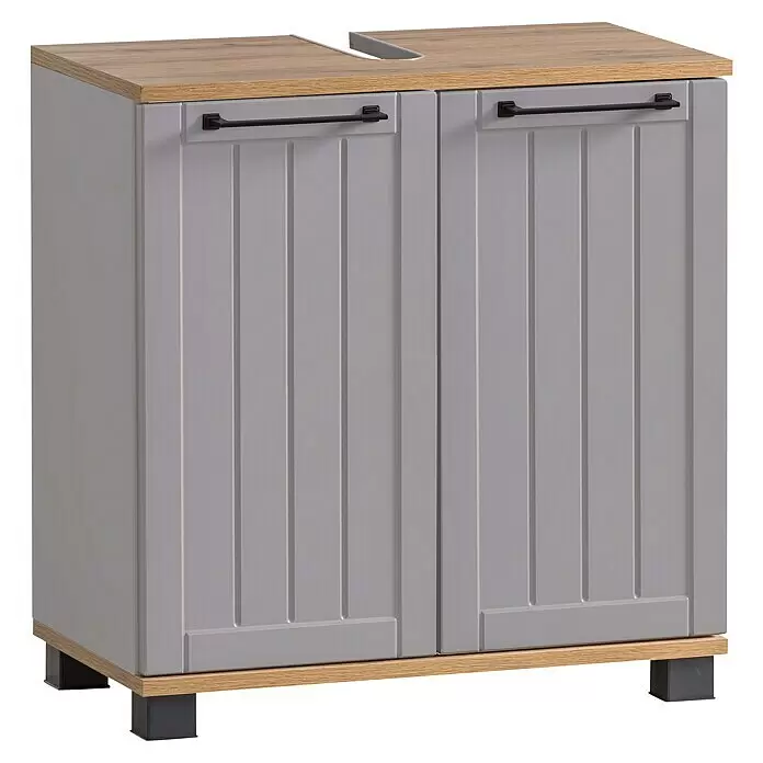 Schildmeyer Jelda Waschtischunterschrank - 59,8 x 32,6 x 62,4 cm, Platingrau/Eiche, Matt - Grauer Schrank mit Holzplatte und Sockel, schwarzen Griffen und oberem Ausschnitt für ein Waschbecken.