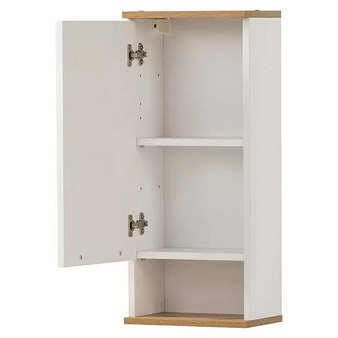 Schildmeyer Jelda Oberschrank - 30,3 x 20,5 x 70,8 cm, Weiß/Eiche - Weißer Wandschrank mit heller Holzplatte oben und unten, offene Tür zeigt zwei verstellbare Regalböden.