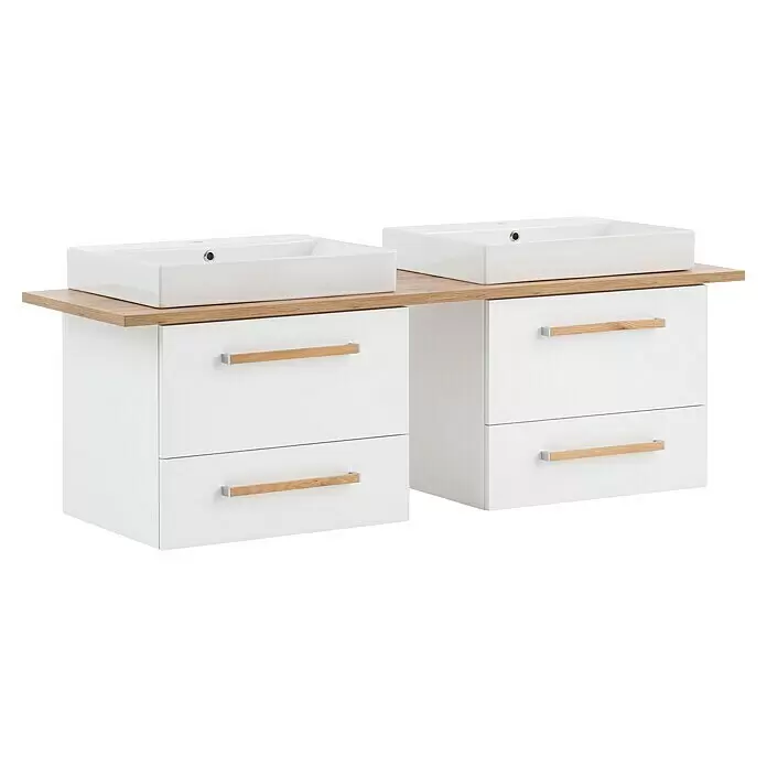 Schildmeyer Duo Badmöbel-Set - Gesamtbreite Badmöbel: 165,2 cm, Kreideweiß/Eiche, Matt - Doppel-Waschtischunterschrank mit zwei weißen Waschbecken, Holzplatte und vier weißen Schubladen mit Holzgriffen.