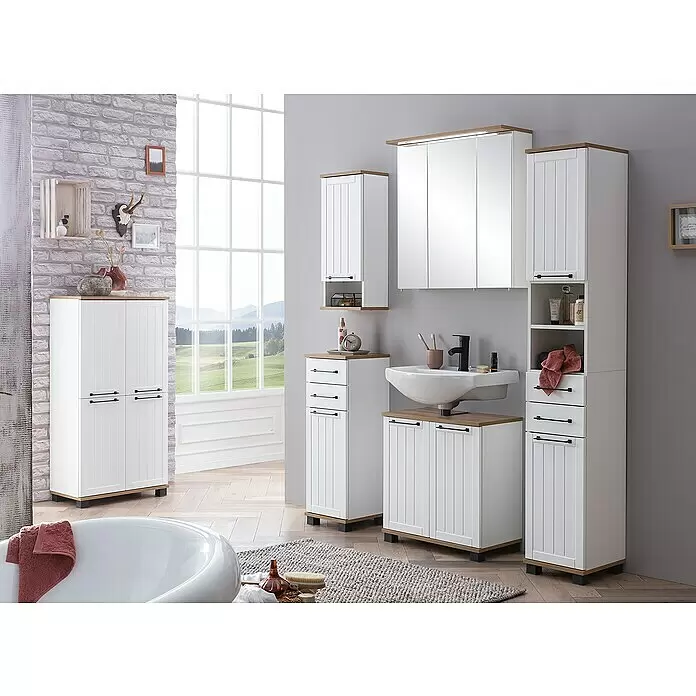 Schildmeyer LED-Spiegelschrank Jelda/Padua - B x H: 70,5 x 72,3 cm, Weiß/Eiche - Modernes weißes Badmöbel-Set mit Holzoptik-Platten und schwarzen Griffen, bestehend aus Schränken, Schubladen und einem Spiegel.