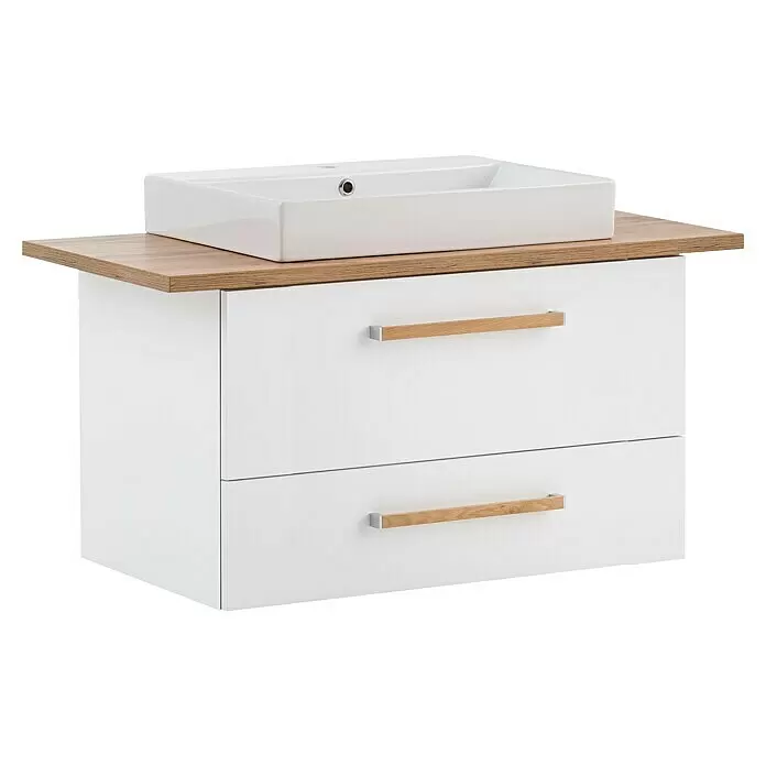 Schildmeyer Duo Badmöbel-Set - Gesamtbreite Badmöbel: 102,2 cm, Kreideweiß/Eiche, Matt - Weißer Badunterschrank mit Holzplatte, rechteckigem Waschbecken und zwei Schubladen mit Holzgriffen.