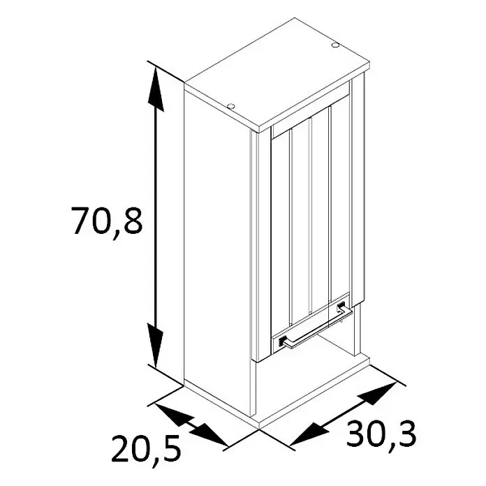 Schildmeyer Jelda Oberschrank - 30,3 x 20,5 x 70,8 cm, Platingrau/Eiche, Matt - Strichzeichnung eines schmalen Hochschranks mit Auszug, Maße: Höhe 70,8, Tiefe 20,5, Breite 30,3.