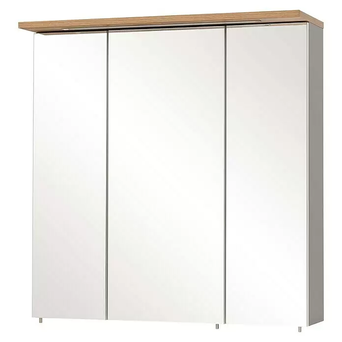 Schildmeyer LED-Spiegelschrank Jelda/Padua - B x H: 70,5 x 72,3 cm, Spanplatte, Platingrau/Eiche-Landhaus - Dreitüriger Badspiegelschrank mit heller Holzplatte, Spiegeltüren und silbernen Füßen.