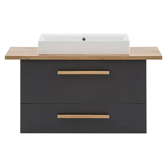 Schildmeyer Duo Badmöbel-Set - Gesamtbreite Badmöbel: 102,2 cm, Anthrazit/Eiche, Matt - Grauer Waschtischunterschrank mit zwei Schubladen, hellem Holzaufsatz und weißem Aufsatzwaschbecken. Modernes Design für das Badezimmer.