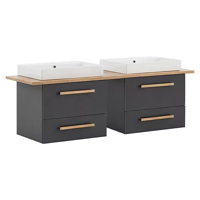 Schildmeyer Duo Badmöbel-Set - Gesamtbreite Badmöbel: 165,2 cm, Anthrazit/Eiche, Matt - Doppelwaschtischunterschrank mit zwei weißen Waschbecken, heller Holzplatte und dunkelgrauen Schränken mit Holzgriffen.