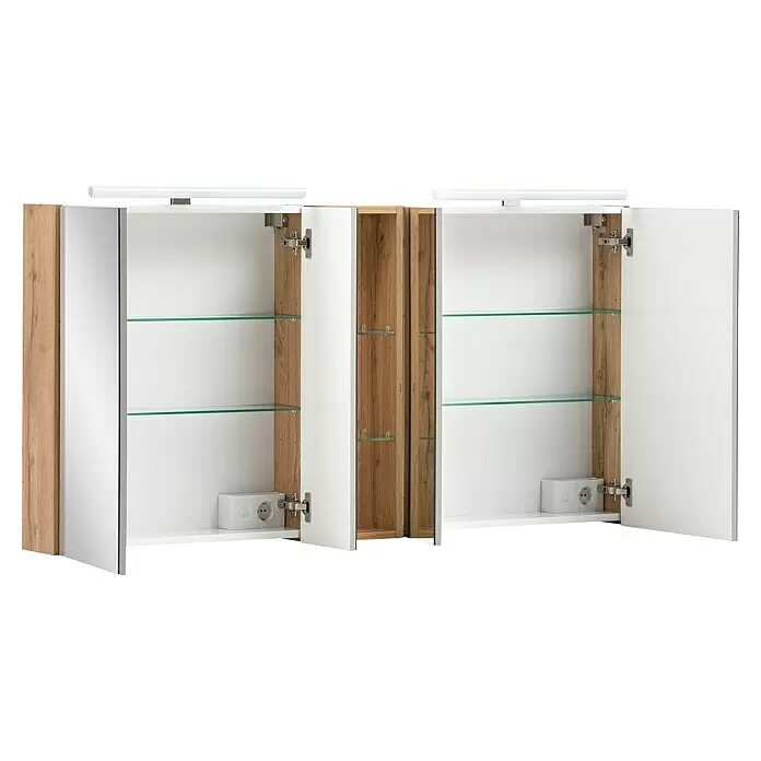 Schildmeyer Duo LED-Spiegelschrank Karla - B x H: 140 x 75 cm, Spanplatte, Eiche-Landhaus - Weißer Spiegelschrank für das Bad mit Holz-Optik, geöffneten Türen, Glasböden und integrierten Steckdosen.