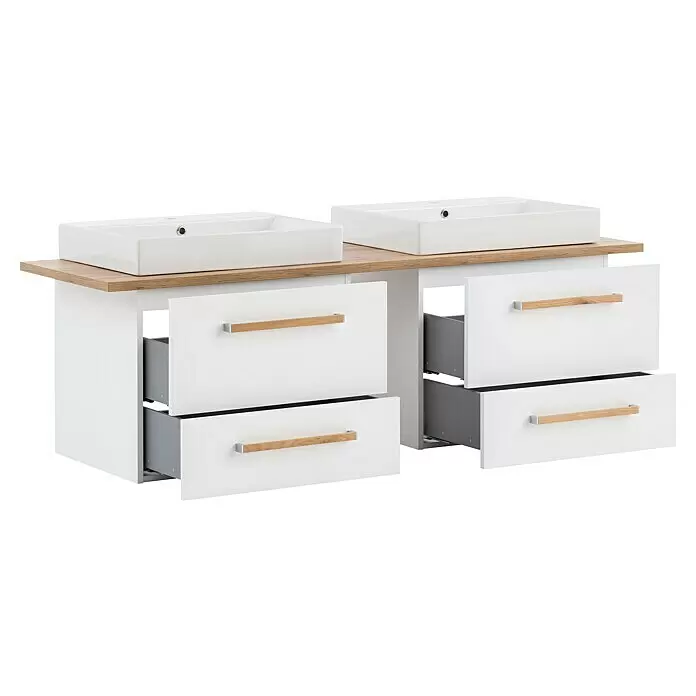 Schildmeyer Duo Badmöbel-Set - Gesamtbreite Badmöbel: 165,2 cm, Kreideweiß/Eiche, Matt - Doppelwaschtischunterschrank mit zwei weißen Waschbecken, Holzplatte und weißen Schubladen mit Holzgriffen.