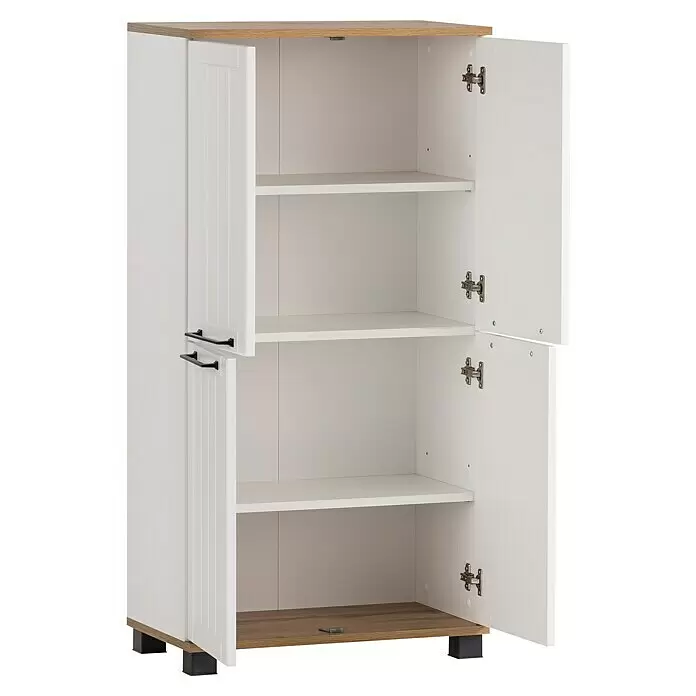 Schildmeyer Jelda Highboard - 59,8 x 32,6 x 116,9 cm, Weiß/Eiche - Weißer Hochschrank mit Eicheneffekt-Oberfläche, offenen Türen, mehreren Ablagen und schwarzen Griffen.