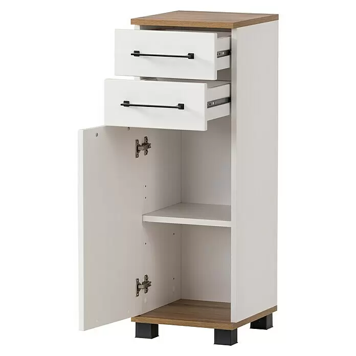 Schildmeyer Jelda Unterschrank - 30,3 x 32,6 x 88,1 cm, Weiß/Eiche - Weiß-holzfarbener Schrank mit zwei teiloffenen Schubladen, schwarzen Griffen und offenem Fach mit Einlegeboden.