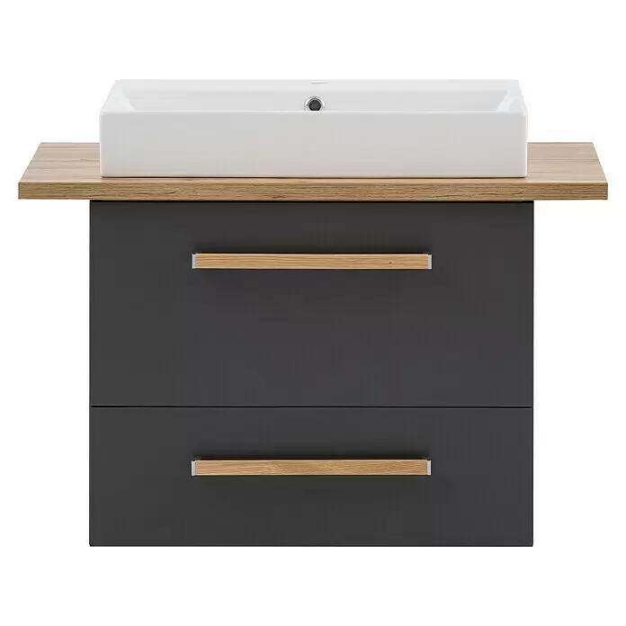 Schildmeyer Duo Badmöbel-Set - Gesamtbreite Badmöbel: 82,2 cm, Anthrazit/Eiche, Matt - Dunkelgrauer Badunterschrank mit zwei Schubladen, heller Holzplatte und weißem rechteckigem Aufsatzwaschbecken.