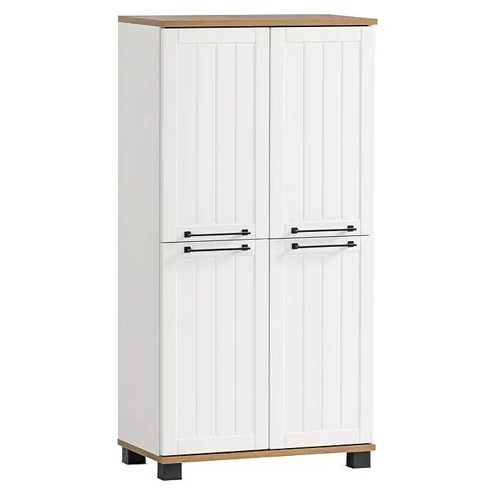 Schildmeyer Jelda Highboard - 59,8 x 32,6 x 116,9 cm, Weiß/Eiche - Weißer viertüriger Schrank mit vertikal gerillten Türen, Holzplatte, Holzsockel und schwarzen Griffen auf schwarzen Füßen.