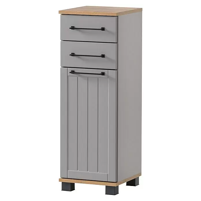 Schildmeyer Jelda Unterschrank - 30,3 x 32,6 x 88,1 cm, Platingrau/Eiche, Matt - Hoher grauer Schrank mit Holzoptik-Oberseite und -Sockel, zwei Schubladen und einer unteren Tür, alle mit schwarzen Stangengriffen.