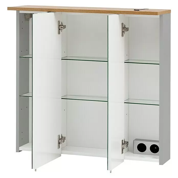 Schildmeyer LED-Spiegelschrank Jelda/Padua - B x H: 70,5 x 72,3 cm, Spanplatte, Platingrau/Eiche-Landhaus - Weißer Badezimmerschrank mit offenen Türen, heller Holzplatte, Glasböden und integrierter Steckdose.
