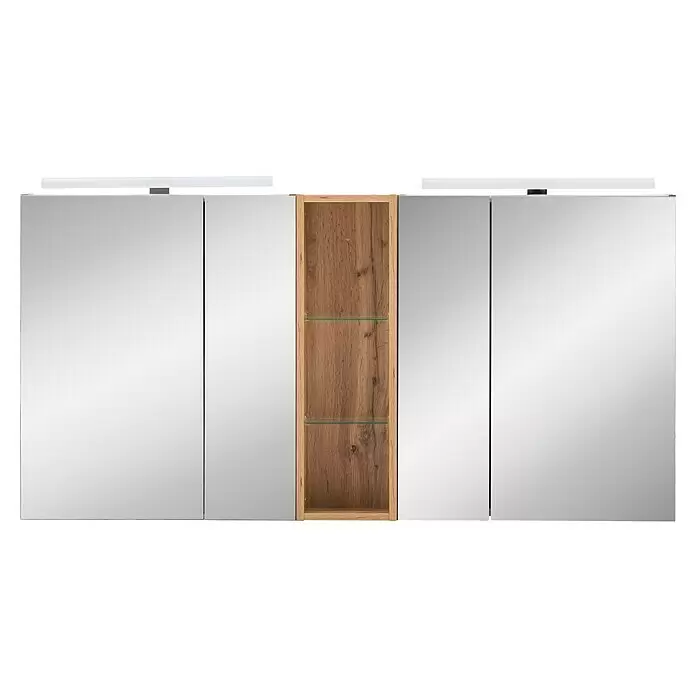 Schildmeyer Duo LED-Spiegelschrank Karla - B x H: 140 x 75 cm, Spanplatte, Eiche-Landhaus - Badezimmerspiegelschrank mit Spiegeltüren, einem offenen Holzregal in der Mitte, Glasböden und Beleuchtung.