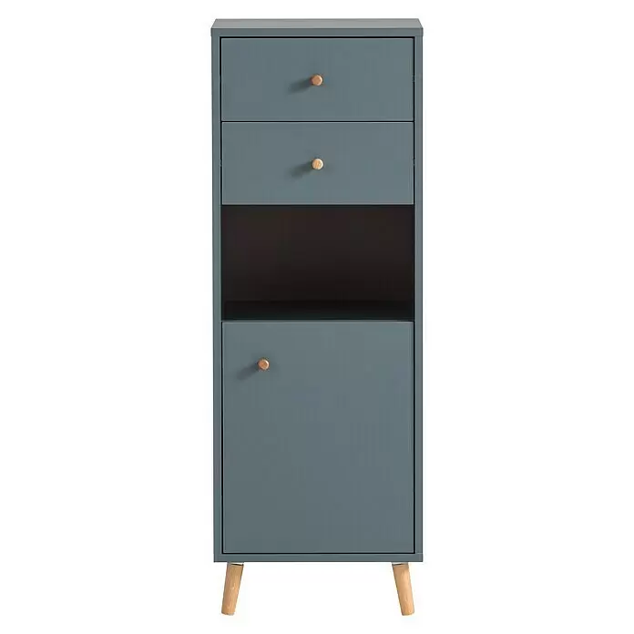 Schildmeyer Bjarne Highboard - 40,3 x 33,05 x 113,4 cm, Fjord, Matt - Blaugrauer hoher Schrank mit zwei Schubladen, einem offenen Fach und einer Tür, alle mit Holzknöpfen, auf Holzbeinen.