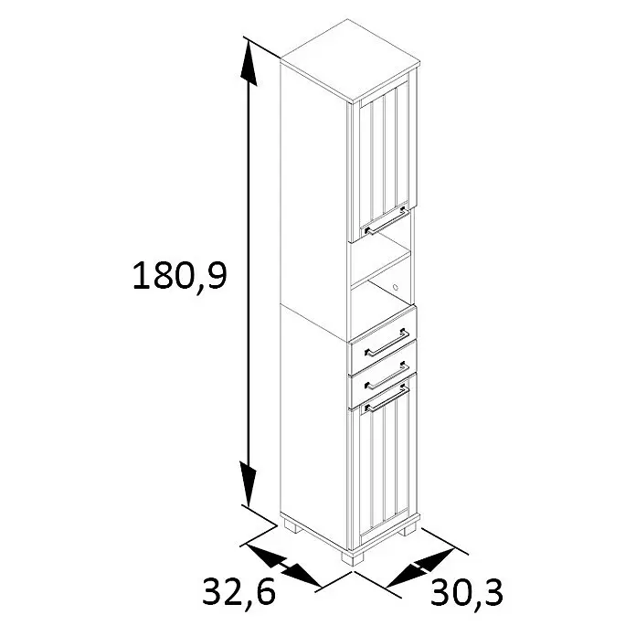 Schildmeyer Jelda Hochschrank - 30,3 x 32,6 x 180,9 cm, Platingrau/Eiche, Matt - Schmaler Hochschrank mit Tür oben, offenem Fach, drei Schubladen und Tür unten. Maße: H 180,9, B 32,6, T 30,3 cm.