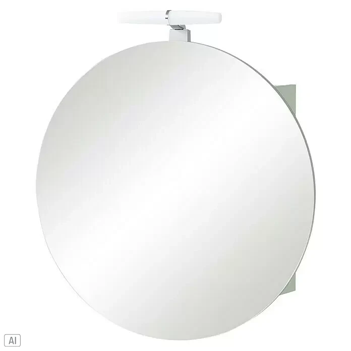Schildmeyer Bjarne LED-Spiegelschrank Bjarne/Ando - B x H: 65 x 68,3 cm, Pistazie - Runder Wandspiegel mit einer weißen Stablampe und silberner Halterung darüber.