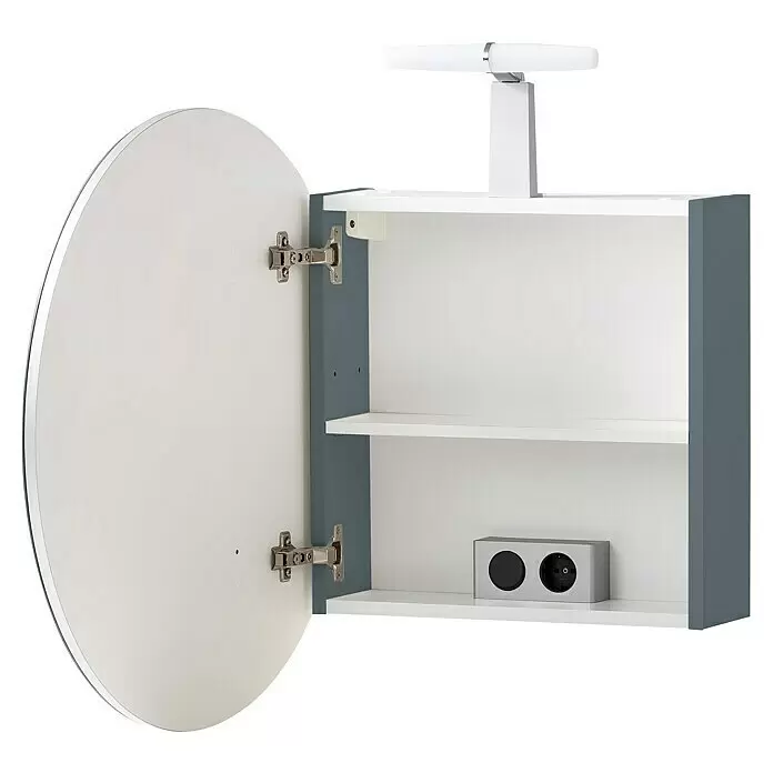 Schildmeyer Bjarne LED-Spiegelschrank Bjarne/Ando - B x H: 65 x 68,3 cm, Spanplatte, Fjord - Offener ovaler Spiegelschrank mit weißer Tür, anthrazitfarbenen Seiten, Innenböden, Licht und Steckdose.