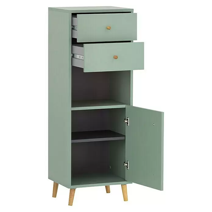 Schildmeyer Bjarne Highboard - 40,3 x 33,05 x 113,4 cm, Pistazie, Matt - Salbeigrüner schmaler Schrank mit zwei Schubladen und einem unteren Fach mit Einlegeböden, mit Holzbeinen und -knöpfen.