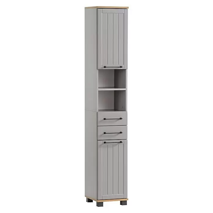 Schildmeyer Jelda Hochschrank - 30,3 x 32,6 x 180,9 cm, Platingrau/Eiche, Matt - Hoher grauer Schrank mit Holzdetails, mit oberen und unteren Doppeltüren, offenen Regalen und zwei zentralen Schubladen.