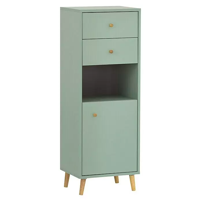 Schildmeyer Bjarne Highboard - 40,3 x 33,05 x 113,4 cm, Pistazie, Matt - Schmaler hellgrüner Schrank mit zwei Schubladen, einem offenen Regal, einer Schranktür und Holzknöpfen auf konischen Holzbeinen.