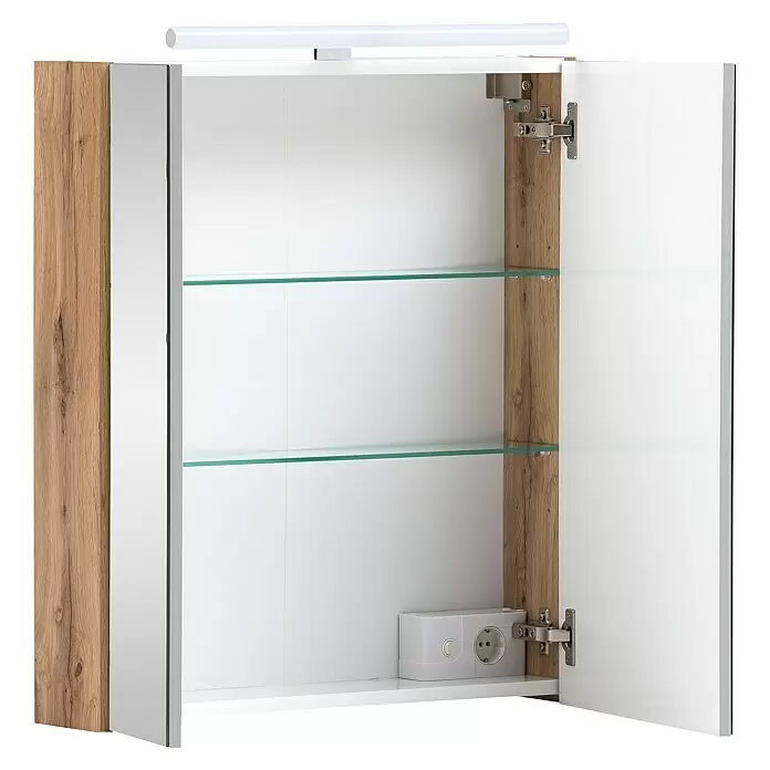 Schildmeyer Duo LED-Spiegelschrank Karla - B x H: 60 x 74,7 cm, Spanplatte, Eiche-Landhaus/Weiß - Offener Badspiegelschrank mit Holzoptik-Seiten, Spiegeltür, weißer Tür, Glasablagen, integriertem Licht und Steckdose.