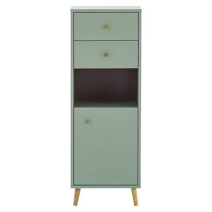 Schildmeyer Bjarne Highboard - 40,3 x 33,05 x 113,4 cm, Pistazie, Matt - Salbeigrüne Hochschrank mit zwei Schubladen, einem offenen Fach und einer unteren Tür, mit Holzknäufen und ausgestellten Holzbeinen.