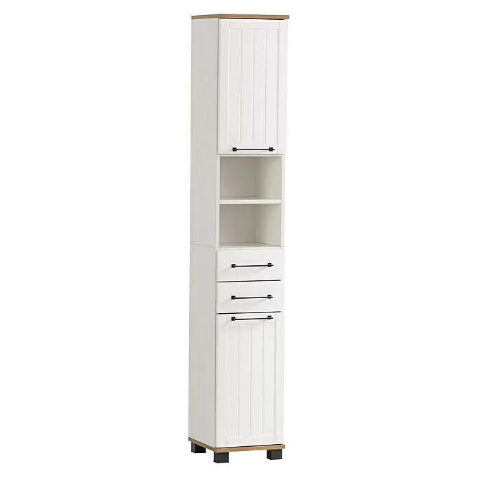 Schildmeyer Jelda Hochschrank - 30,3 x 32,6 x 180,9 cm, Weiß/Eiche - Hoher weißer Schrank mit Holzplatte und -sockel, schwarzen Griffen, offenem Fach, Schubladen und geschlossenem Fach.