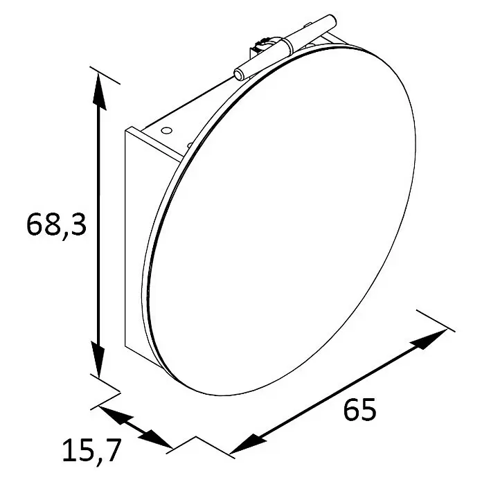 Schildmeyer Bjarne LED-Spiegelschrank Bjarne/Ando - B x H: 65 x 68,3 cm, Spanplatte, Pistazie - Strichzeichnung eines runden Bauteils mit Halterung, Maße: Höhe 68,3, Tiefe 15,7, Durchmesser/Breite 65.