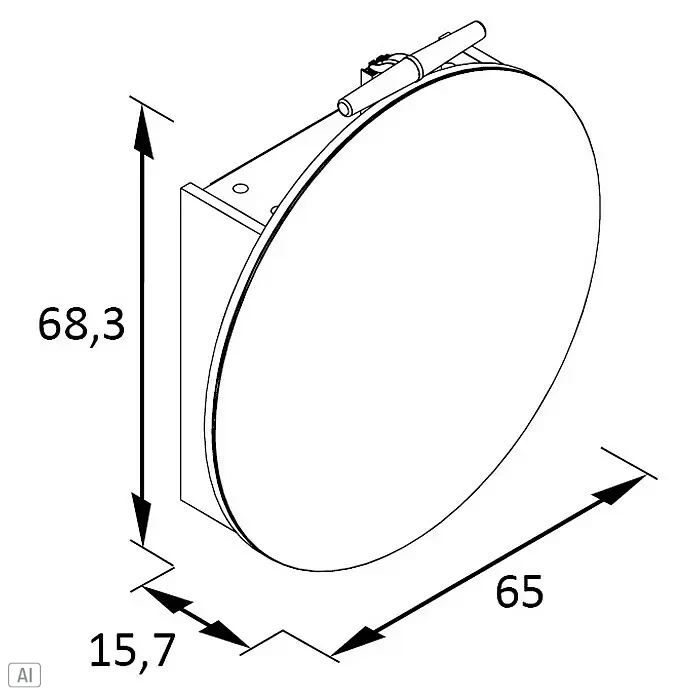 Schildmeyer Bjarne LED-Spiegelschrank Bjarne/Ando - B x H: 65 x 68,3 cm, Fjord - Strichzeichnung eines runden Bauteils mit Halterung, Maße: Höhe 68,3, Tiefe 15,7, Durchmesser/Breite 65.