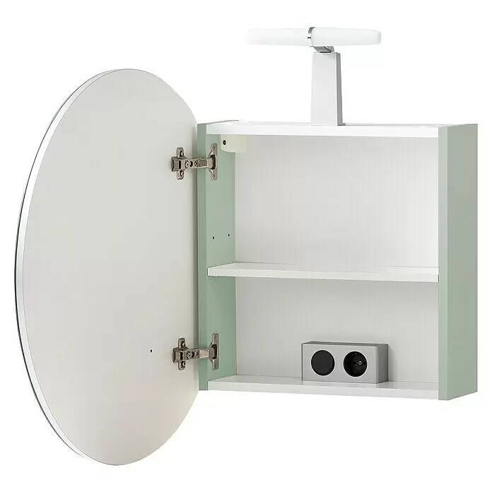 Schildmeyer Bjarne LED-Spiegelschrank Bjarne/Ando - B x H: 65 x 68,3 cm, Spanplatte, Pistazie - Weißer und hellgrüner Badspiegelschrank mit offener runder Spiegeltür, Regalen, integrierter Beleuchtung und Steckdose.