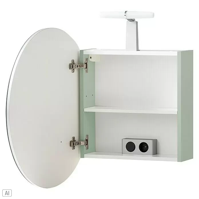 Schildmeyer Bjarne LED-Spiegelschrank Bjarne/Ando - B x H: 65 x 68,3 cm, Pistazie - Weißer und hellgrüner Badspiegelschrank mit offener runder Spiegeltür, Regalen, integrierter Beleuchtung und Steckdose.