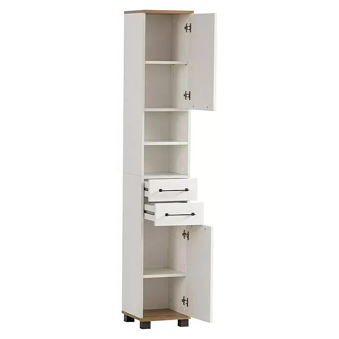 Schildmeyer Jelda Hochschrank - 30,3 x 32,6 x 180,9 cm, Weiß/Eiche - Hoher weißer Stauraumschrank mit Holzdetails, offenen Regalen und zwei geöffneten Schubladen mit schwarzen Griffen.
