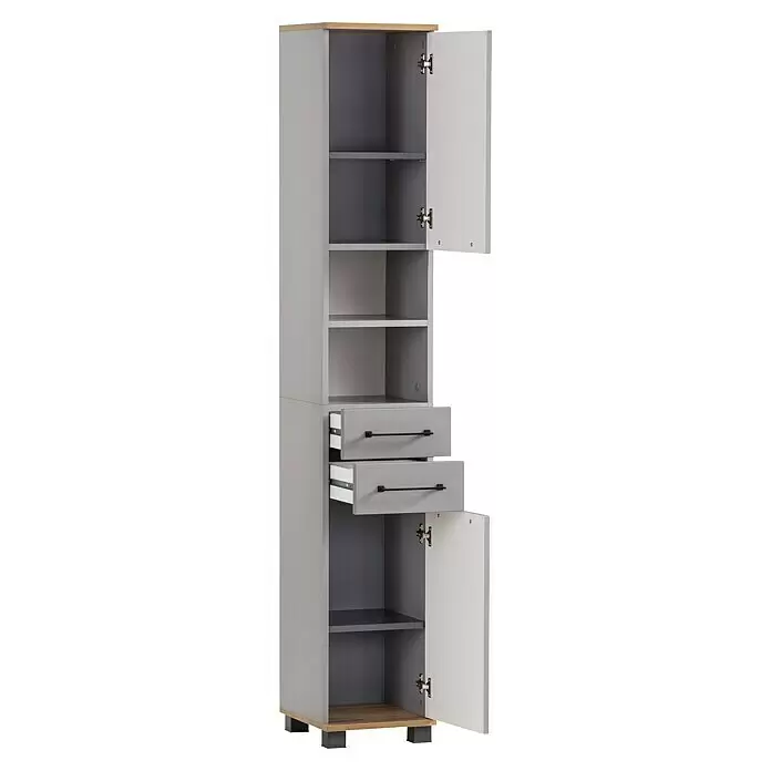 Schildmeyer Jelda Hochschrank - 30,3 x 32,6 x 180,9 cm, Platingrau/Eiche, Matt - Hoher grauer Schrank mit heller Holzoptik oben/unten, zwei geöffneten Türen und zwei ausgezogenen Schubladen, die ein dunkelgraues Inneres zeigen.