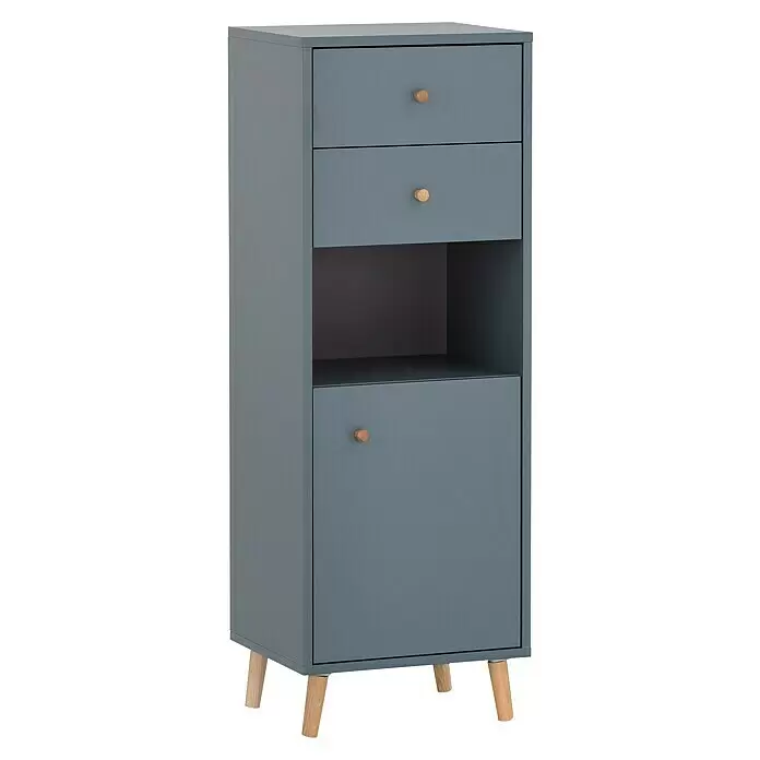 Schildmeyer Bjarne Highboard - 40,3 x 33,05 x 113,4 cm, Fjord, Matt - Blaugrauer schmaler Schrank mit zwei Schubladen, einem offenen Fach und einer Tür, mit Holzknäufen und konischen Beinen.
