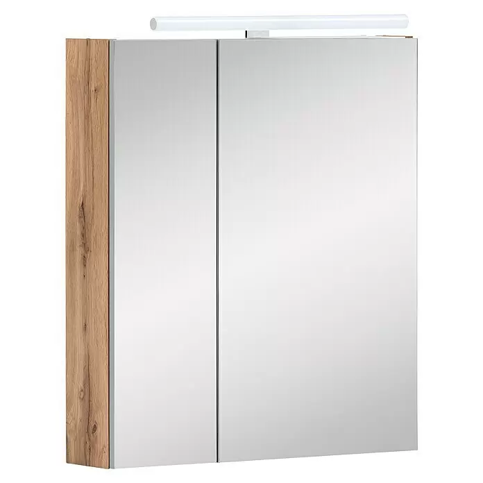 Schildmeyer Duo LED-Spiegelschrank Karla - B x H: 60 x 74,7 cm, Spanplatte, Eiche-Landhaus/Weiß - Spiegelschrank mit zwei Türen, Holzdekor-Seitenwand und integrierter LED-Lichtleiste.