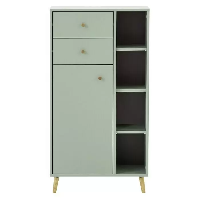 Schildmeyer Bjarne Highboard - 60,2 x 33,05 x 113,4 cm, Pistazie, Matt - Hellgrüner Schrank mit zwei Schubladen, einer Tür und einem offenen Regalteil, mit Holzknöpfen und Holzbeinen.
