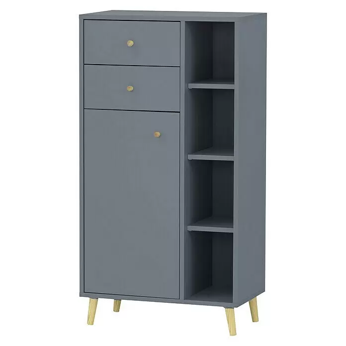 Schildmeyer Bjarne Highboard - 60,2 x 33,05 x 113,4 cm, Fjord, Matt - Hoher grau-blauer Stauraumschrank mit zwei Schubladen, einer Tür, drei offenen Fächern und hellen Holzbeinen.