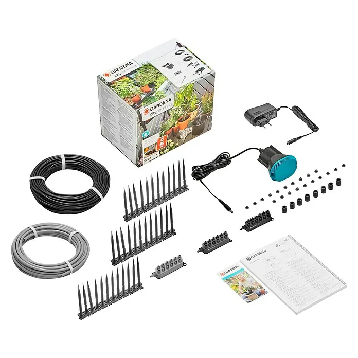 Gardena Micro-Drip Urlaubsbewässerung - Passend für: Für bis zu 36 Topfpflanzen - Das Gardena City Gardening Bewässerungsset, komplett mit Schläuchen, Düsen und Steuerungseinheit, für die automatische Bewässerung Ihrer Pflanzen.
