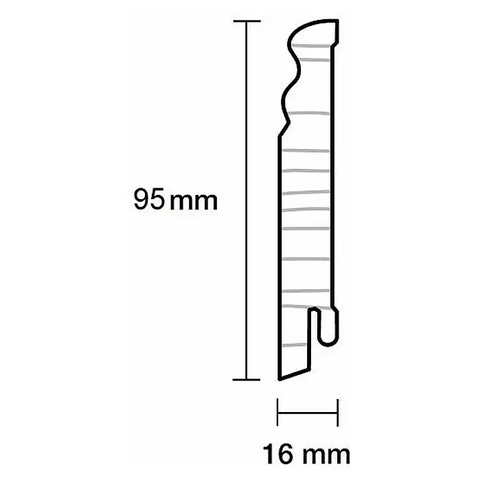 Sockelleiste - 240 x 1,6 x 9,5 cm, Kiefer, Profiliert - Technische Zeichnung eines Zierleistenprofils, 95mm hoch, 16mm tief, mit konturierter Vorderseite und gekerbtem unteren Rücken.