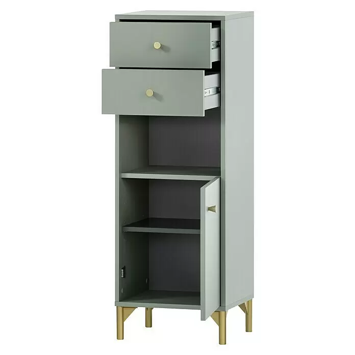 Schildmeyer Ando Highboard - 40,3 x 33,05 x 114,4 cm, Pistazie, Matt - Salbeigrüner Schrank mit zwei Schubladen, offenen Regalen und einer Tür, goldenen Knöpfen und Beinen.