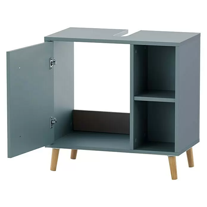 Schildmeyer Bjarne Waschtischunterschrank - 60,2 x 33,05 x 59,3 cm, Fjord, Matt - Grauer Badezimmerschrank mit U-förmiger Aussparung für ein Waschbecken, einer offenen Tür, Regalen und Holzbeinen.