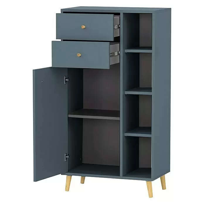 Schildmeyer Bjarne Highboard - 60,2 x 33,05 x 113,4 cm, Fjord, Matt - Graues Sideboard mit 2 Schubladen, offener Tür und Regalfächern auf Holzbeinen.