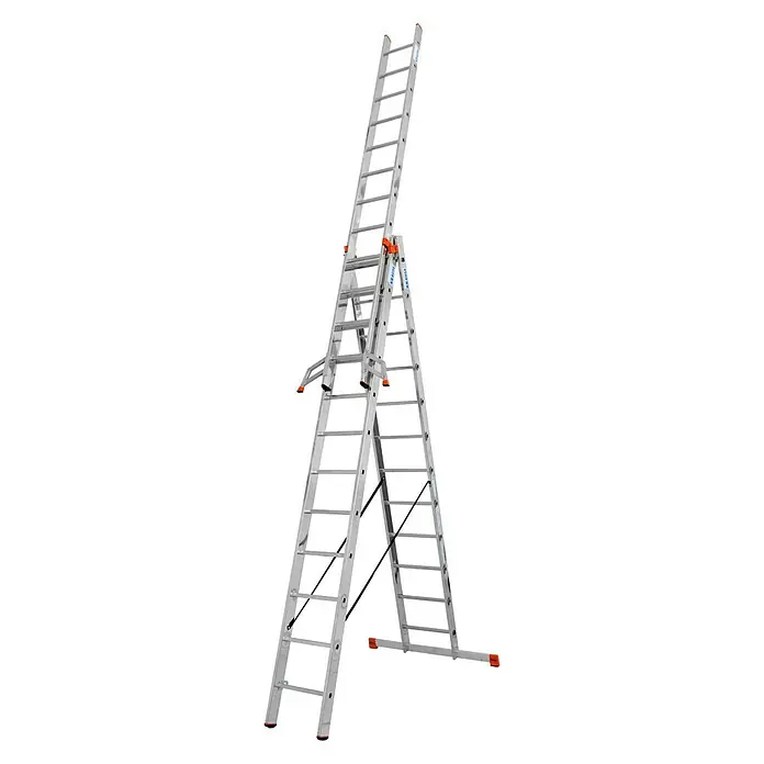 Krause Monto Mehrzweckleiter Tribilo - Arbeitshöhe: 9,3 m, Anzahl Tritte: 36 Stk., Belastbarkeit: 150 kg, Aluminium - Bild einer Mehrzweckleiter aus Aluminium, die sowohl als Anlege- als auch als Stehleiter verwendet werden kann.