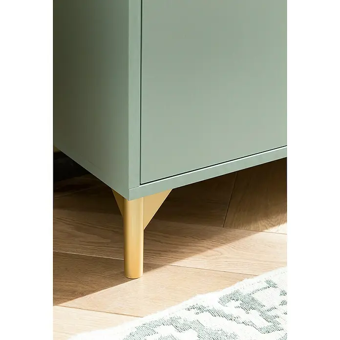 Schildmeyer Ando Waschtischunterschrank - 60,2 x 33,05 x 60,3 cm, Pistazie, Matt - Möbelstück in einem Grünton mit goldenen Beinen, das einen Hauch von Eleganz und Stil in jeden Raum bringt.