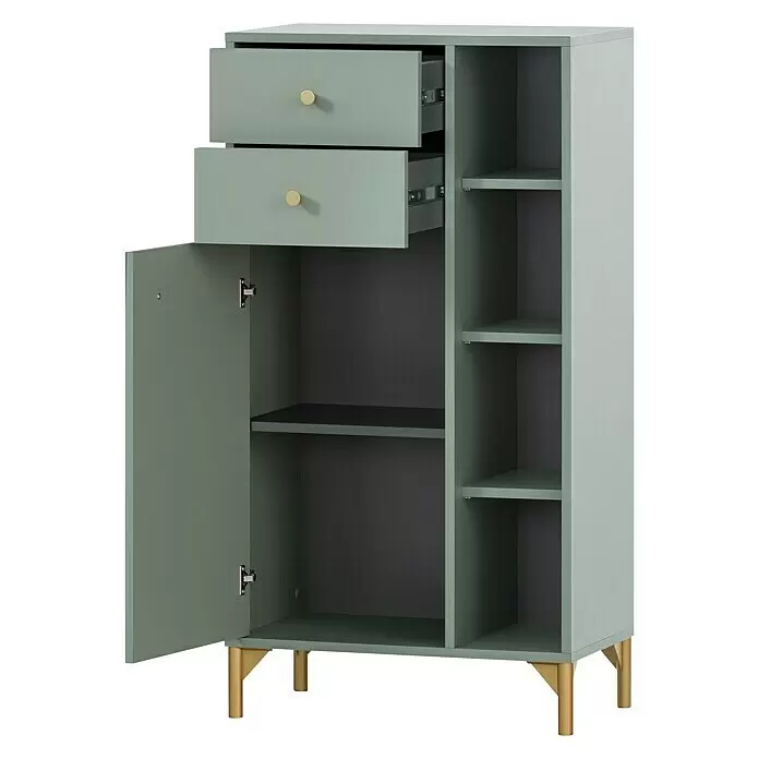 Schildmeyer Ando Highboard - 60,2 x 33,05 x 114,4 cm, Pistazie, Matt - Helles grünes Sideboard mit zwei offenen Schubladen, einer offenen Tür und offenen Regalen, mit goldenen Griffen und Beinen.