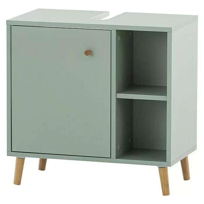 Schildmeyer Bjarne Waschtischunterschrank - 60,2 x 33,05 x 59,3 cm, Pistazie, Matt - Hellgrüner Waschtischunterschrank mit einer Tür, offenen Regalen, Holzknauf und Holzbeinen, mit Aussparung für ein Waschbecken.