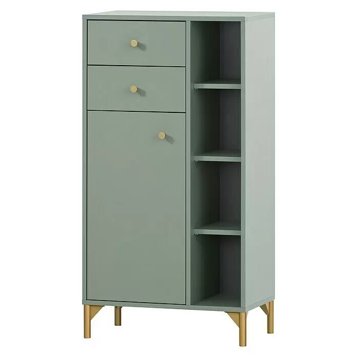 Schildmeyer Ando Highboard - 60,2 x 33,05 x 114,4 cm, Pistazie, Matt - Salbeigrüner Aufbewahrungsschrank mit zwei Schubladen und einer Tür, alle mit goldenen Knöpfen, und drei offenen Regalen, gestützt auf goldene konische Beine.
